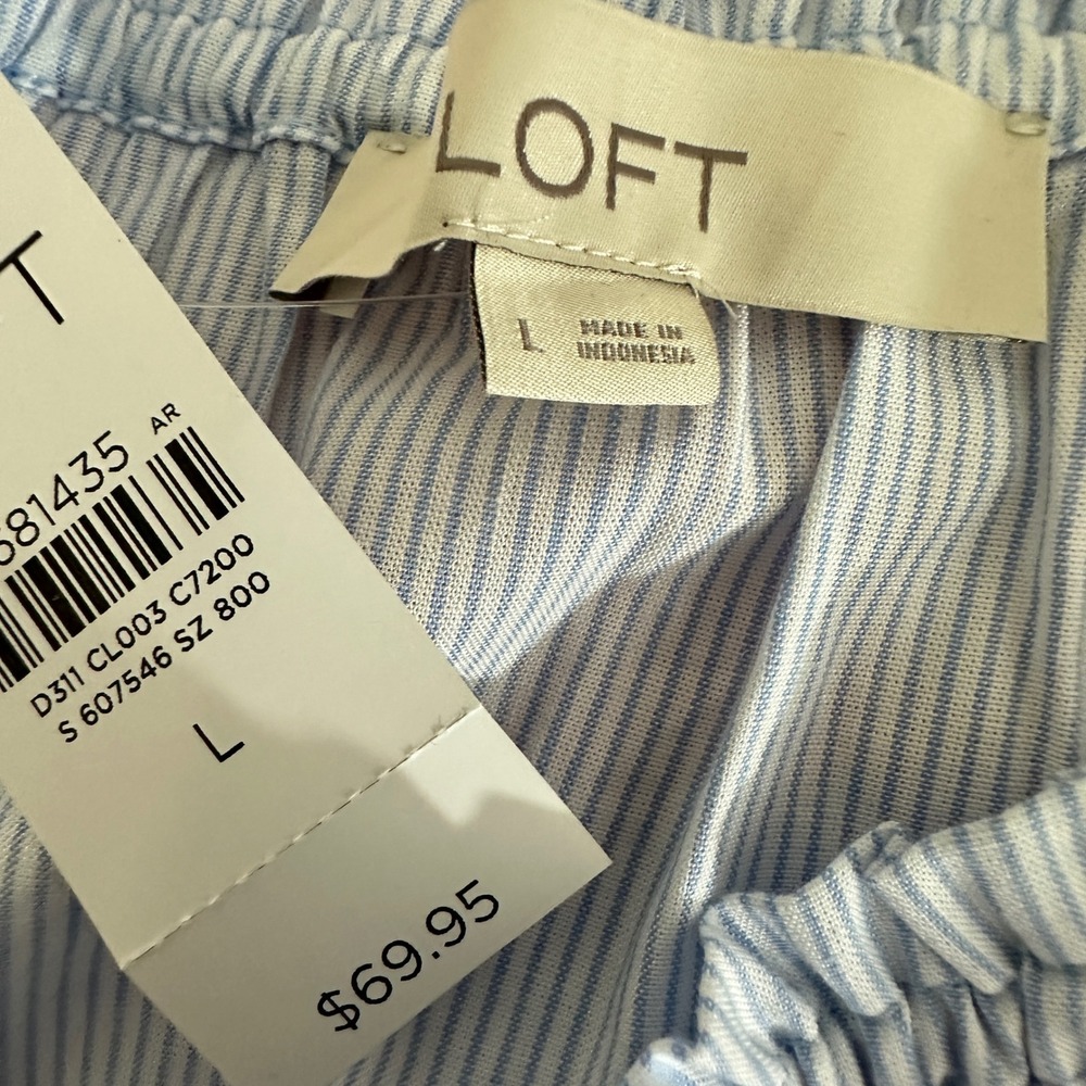 LOFT Womens Top L Blue White Pinstripe Belted Peasant Feminine AIry Nautical - Picture 9 of 10